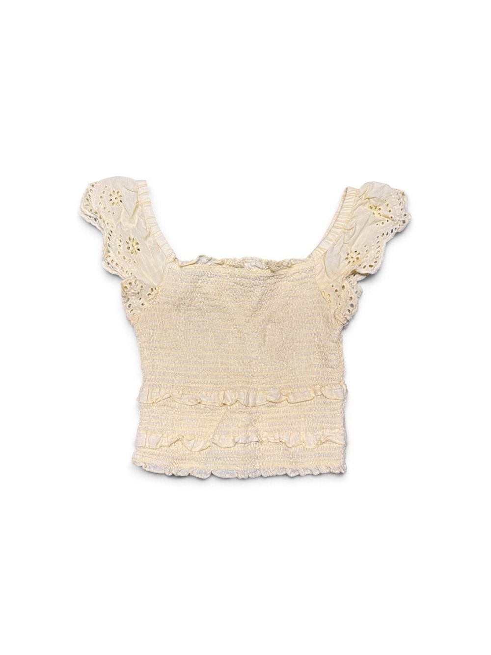 Japna Women’s XS Yellow Smocked Eyelet Flutter Sleeve Top Cottagecore